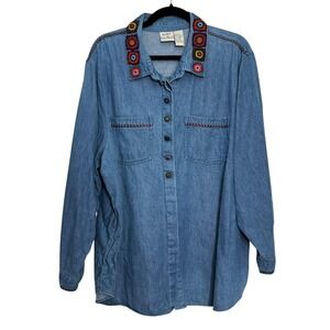 Koret City Blues Vintage Denim Shirt Top Crochet Collar Embroidered Size 24W